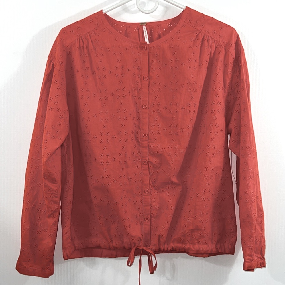 Free People Long Sleeve Orange Eyelet Blouse Sz SP
